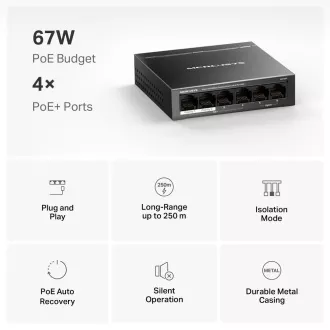 MERCUSYS switch MS106P (6x100Mb/s, 4xPoE+, 67W, fanless) MERCUSYS switch MS106P (6x100Mb/s, 4xPoE+, 67W, fanless)