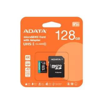 ADATA MicroSDXC karta 128GB Premier Pro UHS-I V30S (R:100/W:80 MB/s) + SD adaptér ADATA MicroSDXC karta 128GB Premier Pro UHS-I V30S (R:100/W:80 MB/s) + SD adaptér