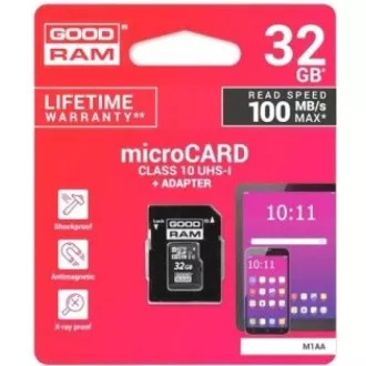 GOODRAM MicroSDHC karta 32GB M1AA, UHS-I Class 10, U1 + adaptér GOODRAM MicroSDHC karta 32GB M1AA, UHS-I Class 10, U1 + adaptér