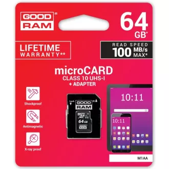 GOODRAM MicroSDXC karta 64GB M1AA, UHS-I Class 10, U1 + adaptér GOODRAM MicroSDXC karta 64GB M1AA, UHS-I Class 10, U1 + adaptér