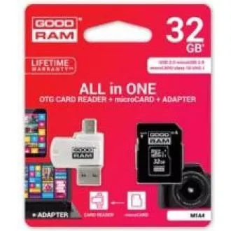 GOODRAM microSDHC karta 32GB M1A4 All-in-one (R:100/W:10 MB/s), UHS-I Class 10, U1 + Adapter + OTG card reader/čtečka GOODRAM microSDHC karta 32GB M1A4 All-in-one (R:100/W:10 MB/s), UHS-I Class 10, U1 + Adapter + OTG card reader/čtečka