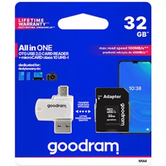 GOODRAM microSDHC karta 32GB M1A4 All-in-one (R:100/W:10 MB/s), UHS-I Class 10, U1 + Adapter + OTG card reader/čtečka GOODRAM microSDHC karta 32GB M1A4 All-in-one (R:100/W:10 MB/s), UHS-I Class 10, U1 + Adapter + OTG card reader/čtečka
