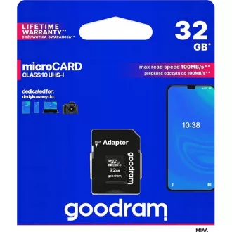GOODRAM microSDHC karta 32GB M1A4 All-in-one (R:100/W:10 MB/s), UHS-I Class 10, U1 + Adapter + OTG card reader/čtečka GOODRAM microSDHC karta 32GB M1A4 All-in-one (R:100/W:10 MB/s), UHS-I Class 10, U1 + Adapter + OTG card reader/čtečka