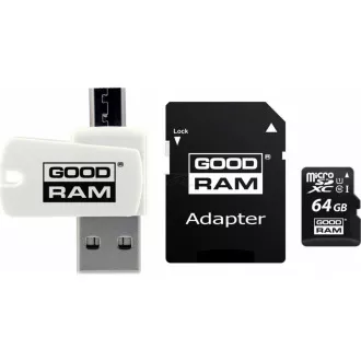 GOODRAM microSDXC karta 64GB M1A4 All-in-one (R:100/W:10 MB/s), UHS-I Class 10, U1 + Adapter + OTG card reader/čtečka GOODRAM microSDXC karta 64GB M1A4 All-in-one (R:100/W:10 MB/s), UHS-I Class 10, U1 + Adapter + OTG card reader/čtečka