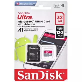 SanDisk MicroSDXC karta 32GB Ultra (120 MB/s, A1 Class 10 UHS-I, Android) + adaptér SanDisk MicroSDXC karta 32GB Ultra (120 MB/s, A1 Class 10 UHS-I, Android) + adaptér