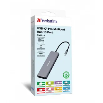VERBATIM Hub USB-C Pro Multiport 13 Port, 6x USB-A, 2x USB-C, 2x HDMI, DP, RJ45, 3.5mm Jack audio, šedá VERBATIM Hub USB-C Pro Multiport 13 Port, 6x USB-A, 2x USB-C, 2x HDMI, DP, RJ45, 3.5mm Jack audio, šedá