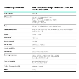 HPE Aruba Networking CX 6000 24G Class4 PoE 4SFP 370W Switch RENEW R8N87A