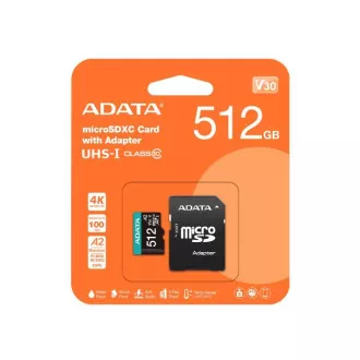 ADATA MicroSDXC karta 512GB Premier Pro UHS-I V30S (R:100/W:80 MB/s) + SD adaptér ADATA MicroSDXC karta 512GB Premier Pro UHS-I V30S (R:100/W:80 MB/s) + SD adaptér
