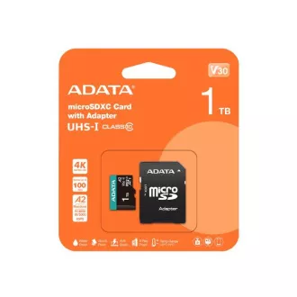 ADATA MicroSDXC karta 1TB Premier Pro UHS-I V30S (R:100/W:80 MB/s) + SD adaptér ADATA MicroSDXC karta 1TB Premier Pro UHS-I V30S (R:100/W:80 MB/s) + SD adaptér