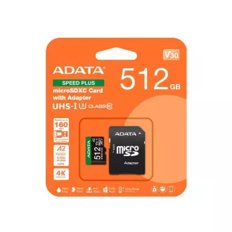 ADATA MicroSDXC karta 512GB Speed Plus, U3, C10, A2, V30 (R:180/W:160 MB/s) + SD adaptér ADATA MicroSDXC karta 512GB Speed Plus, U3, C10, A2, V30 (R:180/W:160 MB/s) + SD adaptér