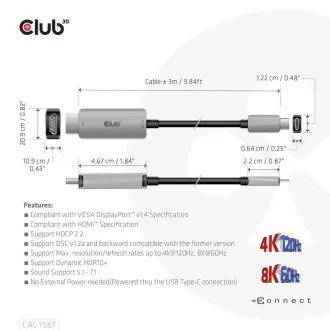 Club3D kabel USB-C na HDMI, 4K120Hz 8K60Hz HDR10 s DSC1.2, Aktivní kabel, M/M, 3m Club3D kabel USB-C na HDMI, 4K120Hz 8K60Hz HDR10 s DSC1.2, Aktivní kabel, M/M, 3m