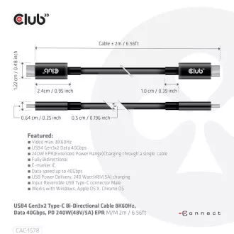 Club3D Kabel USB4 Gen3x2 Type-C Oboustranný kabel 8K60Hz, Data 40 Gbps, PD 240W(48V/5A) EPR M/M 2m