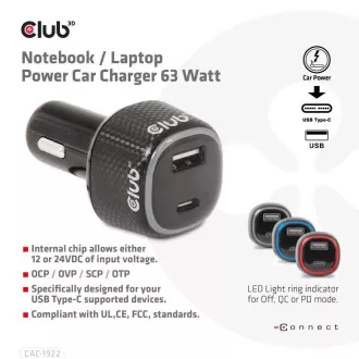 Club3D Auto nabíječka pro Notebooky 63W, 2 porty (USB-A + USB-C) Club3D Auto nabíječka pro Notebooky 63W, 2 porty (USB-A + USB-C)