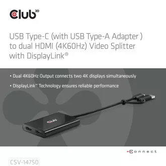 Club3D Video rozbočovač USB-C/A na 2xHDMI 2.0, Dual Monitor, 4K60Hz (M/F) Club3D Video rozbočovač USB-C/A na 2xHDMI 2.0, Dual Monitor, 4K60Hz (M/F)