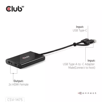 Club3D Video rozbočovač USB-C/A na 2xHDMI 2.0, Dual Monitor, 4K60Hz (M/F) Club3D Video rozbočovač USB-C/A na 2xHDMI 2.0, Dual Monitor, 4K60Hz (M/F)