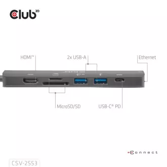 Club3D Dokovací stanice USB-C 7v1, 1xHDMI, 1xUSB-C PD, 2xUSB, 1xRJ45, microSD/SD, černá Club3D Dokovací stanice USB-C 7v1, 1xHDMI, 1xUSB-C PD, 2xUSB, 1xRJ45, microSD/SD, černá