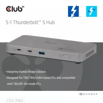 Club3D hub Thunderbolt 5 5v1, 3x USB-C TB5, 1x USB-A, 1x8K60Hz, 3x 5K60Hz, certifikace Thunderbolt Share, 180W Club3D hub Thunderbolt 5 5v1, 3x USB-C TB5, 1x USB-A, 1x8K60Hz, 3x 5K60Hz, certifikace Thunderbolt Share, 180W