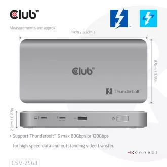 Club3D hub Thunderbolt 5 5v1, 3x USB-C TB5, 1x USB-A, 1x8K60Hz, 3x 5K60Hz, certifikace Thunderbolt Share, 180W Club3D hub Thunderbolt 5 5v1, 3x USB-C TB5, 1x USB-A, 1x8K60Hz, 3x 5K60Hz, certifikace Thunderbolt Share, 180W