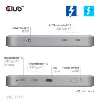 Club3D hub Thunderbolt 5 5v1, 3x USB-C TB5, 1x USB-A, 1x8K60Hz, 3x 5K60Hz, certifikace Thunderbolt Share, 180W Club3D hub Thunderbolt 5 5v1, 3x USB-C TB5, 1x USB-A, 1x8K60Hz, 3x 5K60Hz, certifikace Thunderbolt Share, 180W