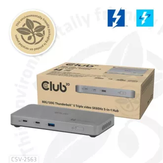 Club3D hub Thunderbolt 5 5v1, 3x USB-C TB5, 1x USB-A, 1x8K60Hz, 3x 5K60Hz, certifikace Thunderbolt Share, 180W Club3D hub Thunderbolt 5 5v1, 3x USB-C TB5, 1x USB-A, 1x8K60Hz, 3x 5K60Hz, certifikace Thunderbolt Share, 180W