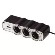 WG - Nabíječka do auta, rozbočovač, 3x zásuvka zapalovače 12V + 1x USB-A, s prodloužením