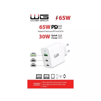 WG - Síťová nabíječka GaN 3x USB, 1x USB-A 30W + 2x USB-C 65W, bílá WG - Síťová nabíječka GaN 3x USB, 1x USB-A 30W + 2x USB-C 65W, bílá