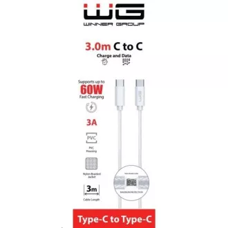 WG - Datový kabel Type-C na Type-C, 3 metry, 3A, 60W, bílá WG - Datový kabel Type-C na Type-C, 3 metry, 3A, 60W, bílá