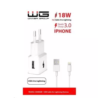 WG - Síťová nabíječka 1x USB-A, Quick Charge 3.0, 5V-9V-12V, kabel USB-A na Lightning, bílá WG - Síťová nabíječka 1x USB-A, Quick Charge 3.0, 5V-9V-12V, kabel USB-A na Lightning, bílá