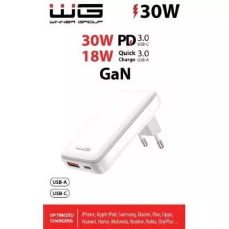 WG - Síťová nabíječka GaN 2x USB, 1x USB-C 30W + 1x USB-A 18W, white WG - Síťová nabíječka GaN 2x USB, 1x USB-C 30W + 1x USB-A 18W, white