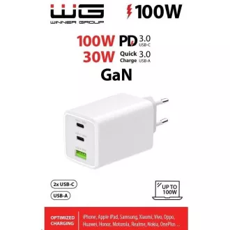 WG - Síťová nabíječka GaN 100W, 3x USB, 1x USB-A + 2x USB-C, white WG - Síťová nabíječka GaN 100W, 3x USB, 1x USB-A + 2x USB-C, white
