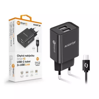 Aligator síťová nabíječka, 2x USB, smart IC, 2, 4 A, kabel USB-C 2A, černá Aligator síťová nabíječka, 2x USB, smart IC, 2, 4 A, kabel USB-C 2A, černá