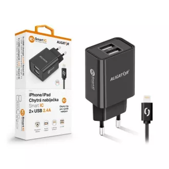 Aligator síťová nabíječka, 2x USB, smart IC, 2, 4 A, kabel Lightning 2A, černá Aligator síťová nabíječka, 2x USB, smart IC, 2, 4 A, kabel Lightning 2A, černá