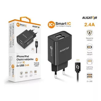 Aligator síťová nabíječka, 2x USB, smart IC, 2, 4 A, kabel Lightning 2A, černá Aligator síťová nabíječka, 2x USB, smart IC, 2, 4 A, kabel Lightning 2A, černá