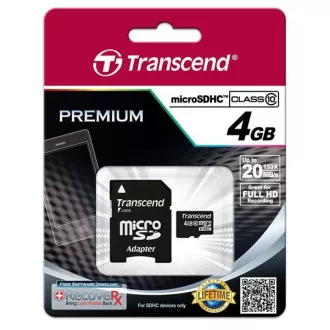 TRANSCEND MicroSDHC karta 4GB Class 10 + adaptér TRANSCEND MicroSDHC karta 4GB Class 10 + adaptér