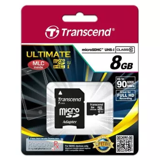 TRANSCEND MicroSDHC karta 8GB Ultimate, Class 10 UHS-I 600x, MLC + adaptér TRANSCEND MicroSDHC karta 8GB Ultimate, Class 10 UHS-I 600x, MLC + adaptér
