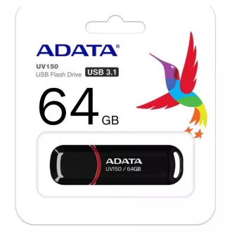 ADATA Flash Disk 64GB UV150, USB 3.1 Dash Drive (R:90/W:20 MB/s) černá ADATA Flash Disk 64GB UV150, USB 3.1 Dash Drive (R:90/W:20 MB/s) černá