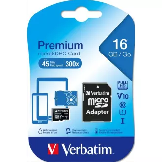 VERBATIM MicroSDHC karta 16GB Premium, U1 + SD adaptér VERBATIM MicroSDHC karta 16GB Premium, U1 + SD adaptér