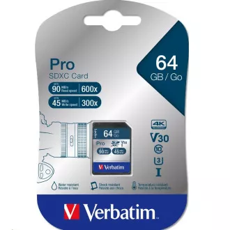 VERBATIM SDXC karta 64GB Pro, U3, V30 (R:90/W:45 MB/s) VERBATIM SDXC karta 64GB Pro, U3, V30 (R:90/W:45 MB/s)