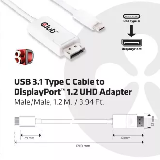 Club3D Adaptér USB 3.1 typ C na DisplayPort 1.2 4K60Hz UHD 1, 2m (M/M) Club3D Adaptér USB 3.1 typ C na DisplayPort 1.2 4K60Hz UHD 1, 2m (M/M)