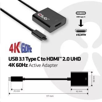 Club3D Adaptér aktivní USB 3.1 typ C na HDMI 2.0 UHD 4K60Hz HDR, 17cm