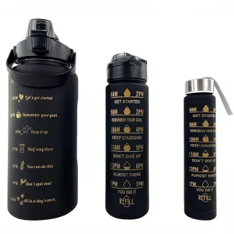 Motivační sportovní láhev 3v1, 2000 ml + 900 ml + 300 ml, Černá Motivační sportovní láhev 3v1, 2000 ml + 900 ml + 300 ml, Černá