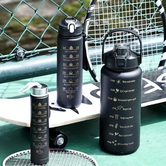 Motivační sportovní láhev 3v1, 2000 ml + 900 ml + 300 ml, Černá Motivační sportovní láhev 3v1, 2000 ml + 900 ml + 300 ml, Černá