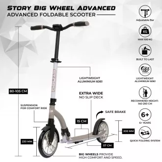 Skládací koloběžka Story Big Wheel Advanced 200mm, šedá Skládací koloběžka Story Big Wheel Advanced 200mm, šedá
