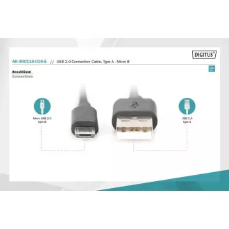 Digitus USB 2.0 kabel USB A samec na USB micro B samec, 2x stíněný, Měď, 1m Digitus USB 2.0 kabel USB A samec na USB micro B samec, 2x stíněný, Měď, 1m