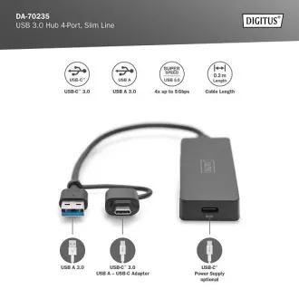 Digitus USB 3.0 Hub 4-Port, Slim Line, 0,2m kabel Digitus USB 3.0 Hub 4-Port, Slim Line, 0,2m kabel