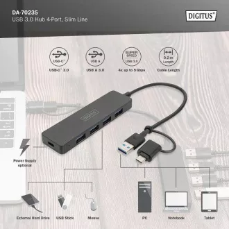 Digitus USB 3.0 Hub 4-Port, Slim Line, 0,2m kabel Digitus USB 3.0 Hub 4-Port, Slim Line, 0,2m kabel