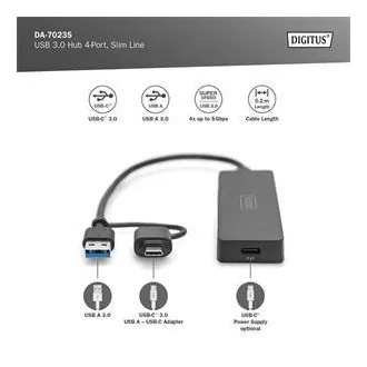 Digitus USB 3.0 Hub 4-Port, Slim Line, 0,2m kabel Digitus USB 3.0 Hub 4-Port, Slim Line, 0,2m kabel