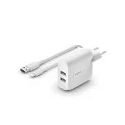 Belkin BOOST CHARGE Duální 24W USB-A nástěnná nabíječka + 1m lightning kabel, bílá