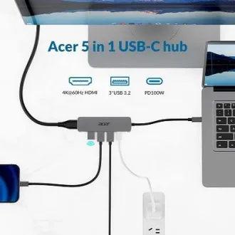 Acer 5IN1 Mini Dock statioType- C dongle, 1x HDMI (až 3840x2160@60hz), 3x USB 3.0 5Gbps ports, 1x Type-C up to 100W PD port (host)