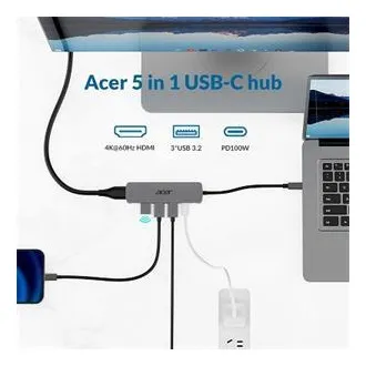 Acer 5IN1 Mini Dock statioType- C dongle, 1x HDMI (až 3840x2160@60hz), 3x USB 3.0 5Gbps ports, 1x Type-C up to 100W PD port (host)